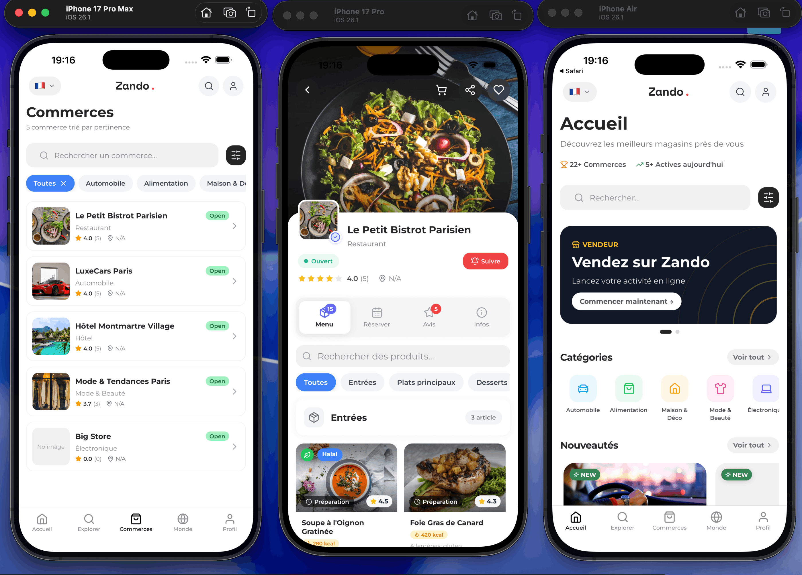 Zando Marché Central — App Mobile · Marketplace multi-vertical